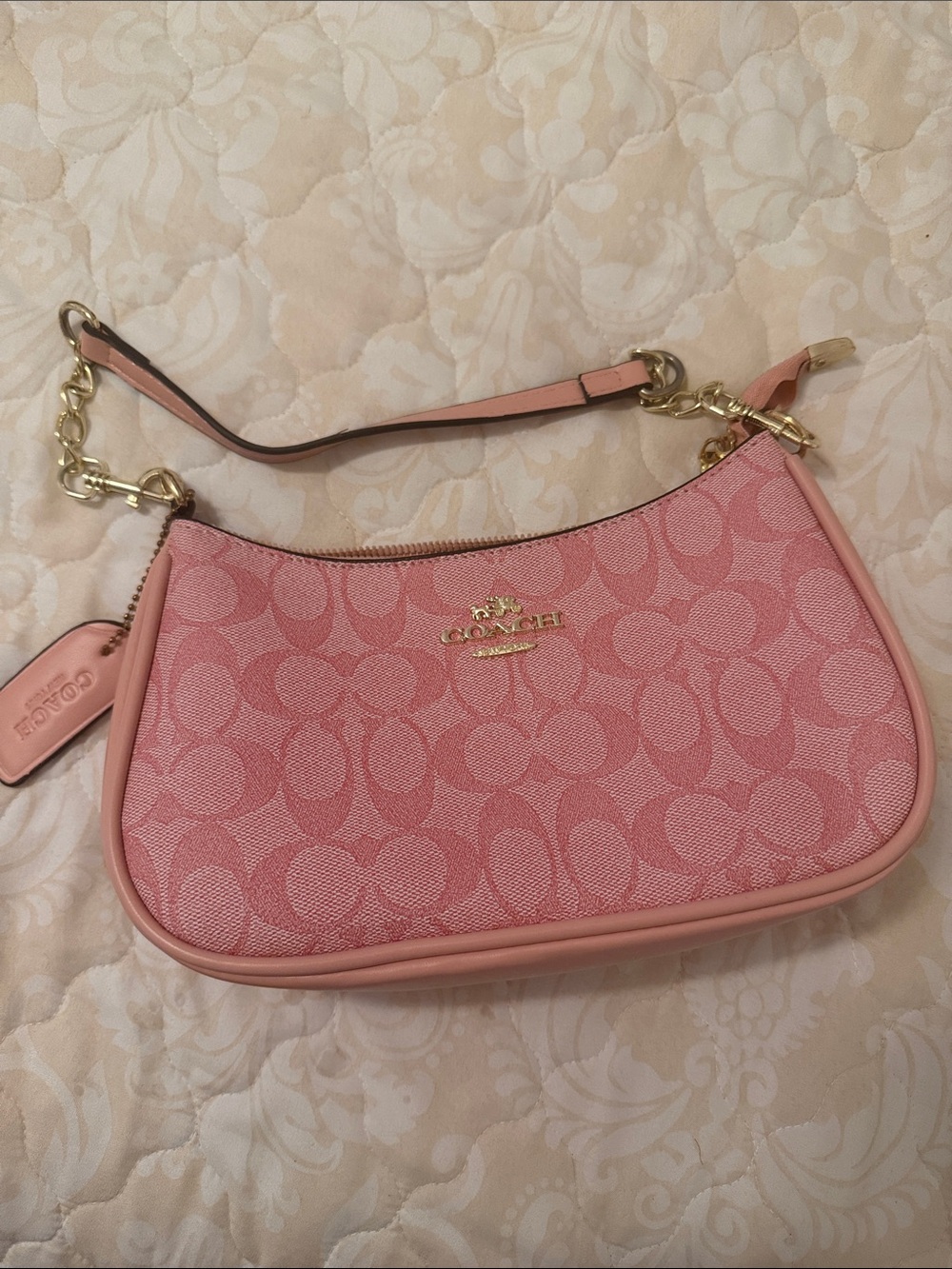 Coach Pink Signature Canvas Shoulder Bag with Gold Hardware